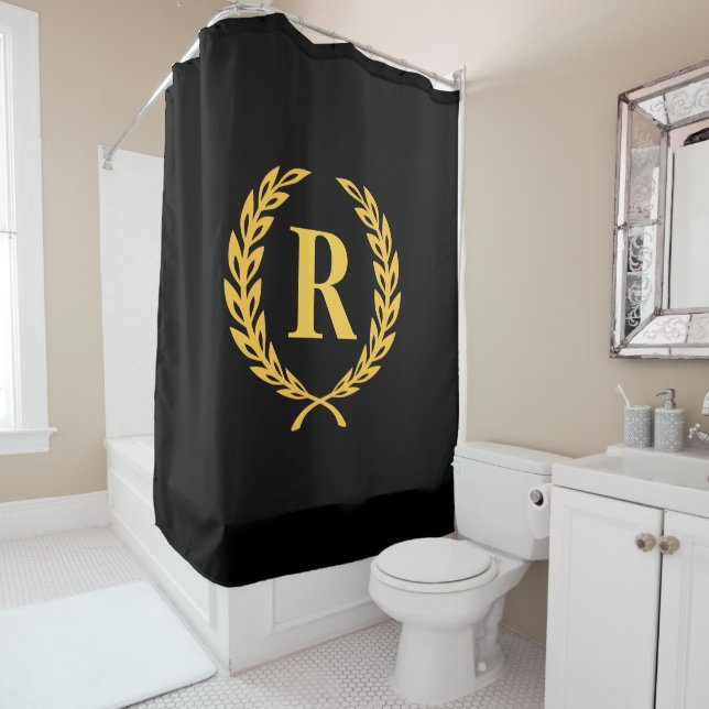 Black and Gold Laurel Wreath Monogram Shower Curtain (In Situ)