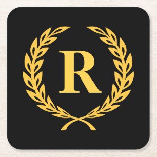 Black and Gold Laurel Wreath Monogram Square Paper Coaster