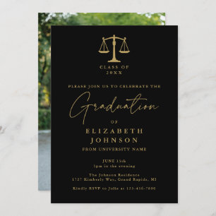 Black And Gold Law School Photo Graduation Party Invitation