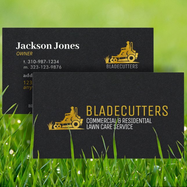 Black and Gold Lawn Care + Mowing Business Cards (Creator Uploaded)