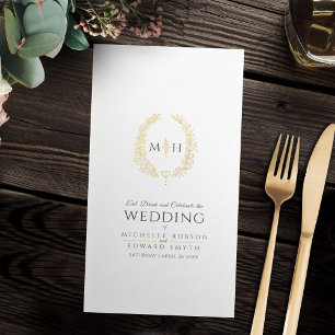 Black and gold leaf oval wreath art wedding napkin