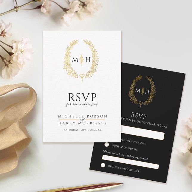 Black and gold leaf oval wreath RSVP wedding (Creator Uploaded)