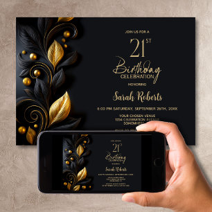Black and Gold Leaves 21st Birthday Party Invitation