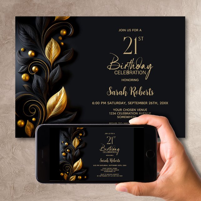 Black and Gold Leaves 21st Birthday Party Invitation (Creator Uploaded)
