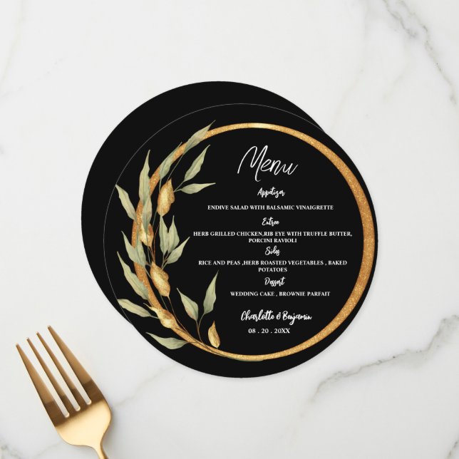 Black And Gold Leaves Frame Round Wedding Menu (Front/Back In Situ)