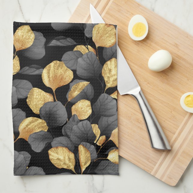 Black and gold leaves. Pattern Tea Towel (Quarter Fold)