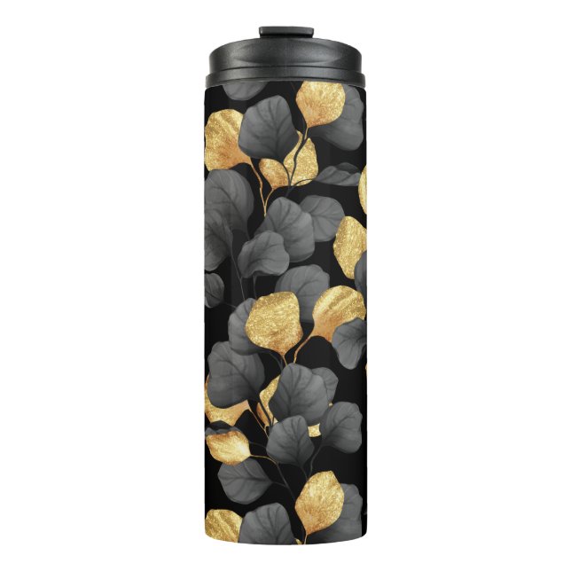 Black and gold leaves. Pattern Thermal Tumbler (Front)