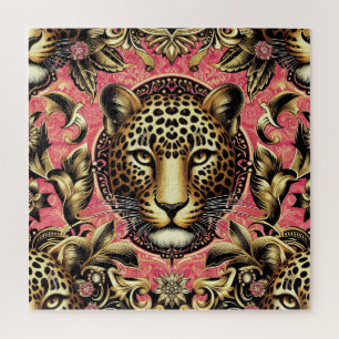 Black and Gold Leopard Pink Background Jigsaw Puzzle