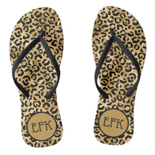 Black and Gold Leopard Print Animal Print Monogram Jandals