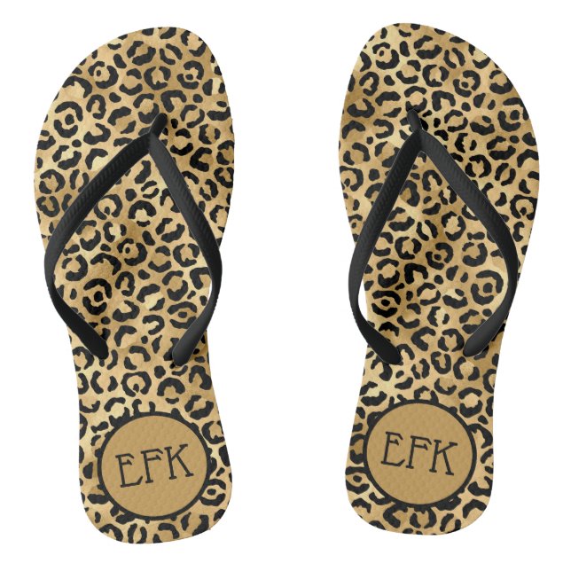 Black and Gold Leopard Print Animal Print Monogram Jandals (Footbed)