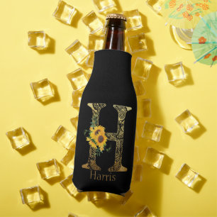 Black and Gold Letter H Sunflowers  Bottle Cooler