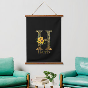 Black and Gold Letter H Sunflowers Hanging Tapestry