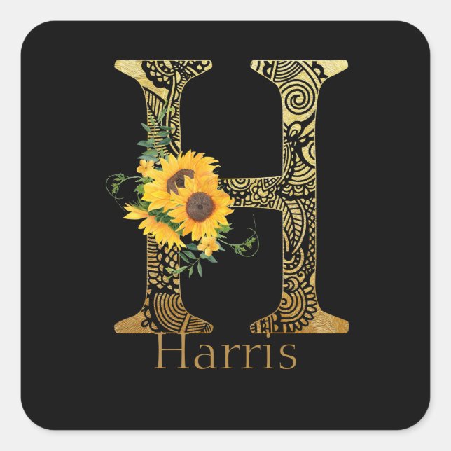 Black and Gold Letter H Sunflowers  Square Sticker (Front)