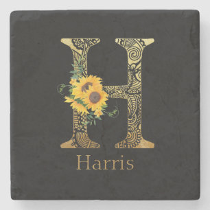 Black and Gold Letter H Sunflowers   Stone Coaster