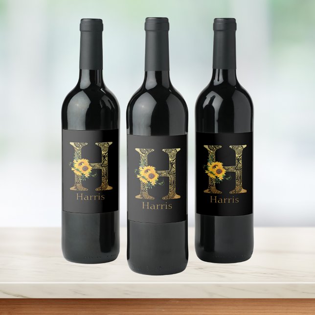 Black and Gold Letter H Sunflowers   Wine Label (Creator Uploaded)