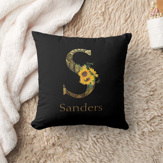 Black and Gold Letter S Sunflowers  Cushion (Blanket)