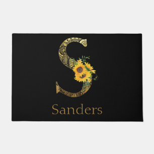 Black and Gold Letter S Sunflowers Doormat
