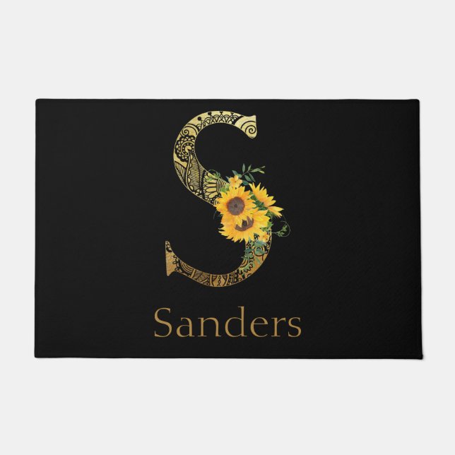 Black and Gold Letter S Sunflowers  Doormat (Front)