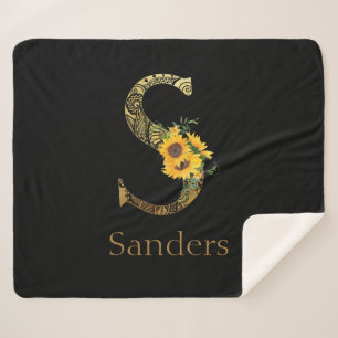 Black and Gold Letter S Sunflowers  Sherpa Blanket