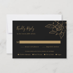 Black and Gold LIne Art Floral Elegant Wedding RSVP Card