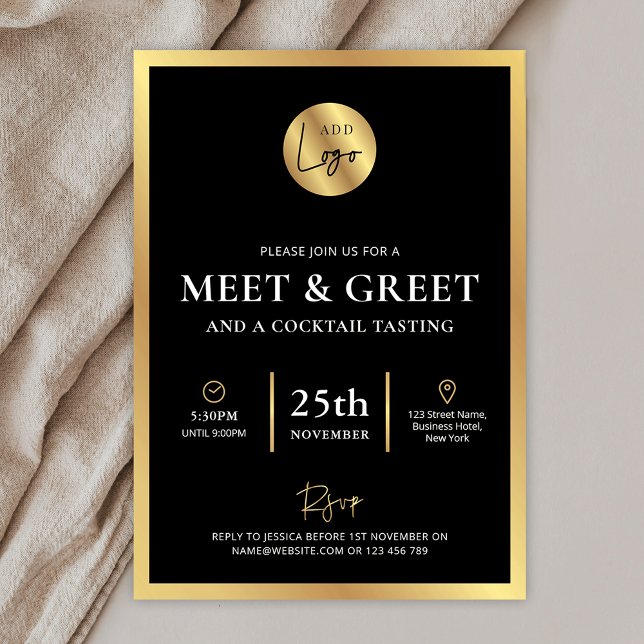Black and Gold Logo Business Meet & Greet Event Invitation (Black and gold business meet & greet event invitation with fully editable text & space for your logo)