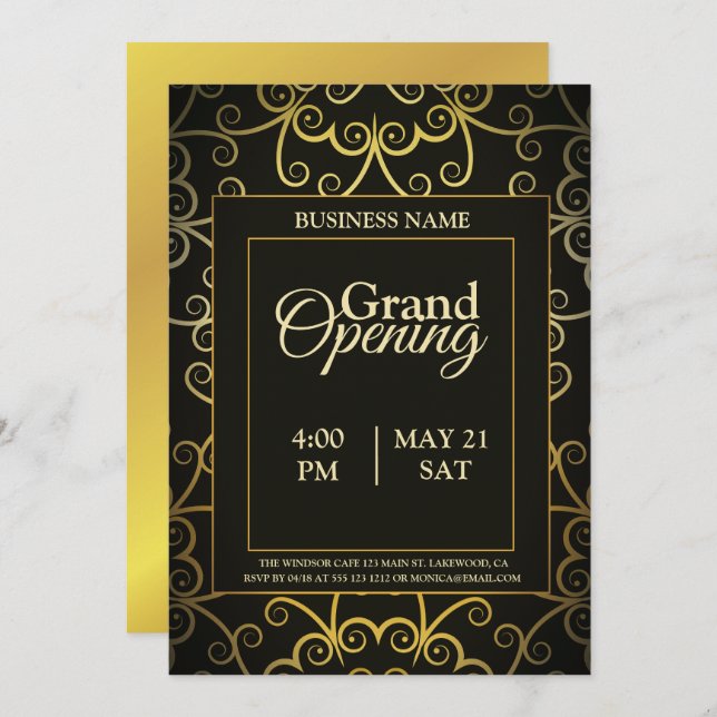 Black and Gold Logo Grand Opening Invitation (Front/Back)