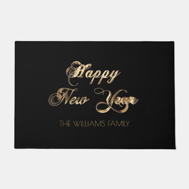 Black and Gold Look Script Happy New Year Doormat (Front)
