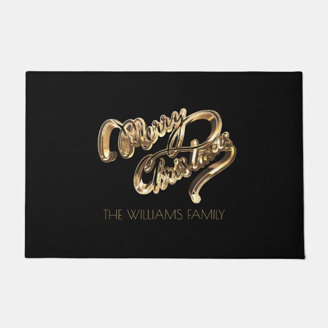Black and Gold Look Script Merry Christmas Doormat (Front)