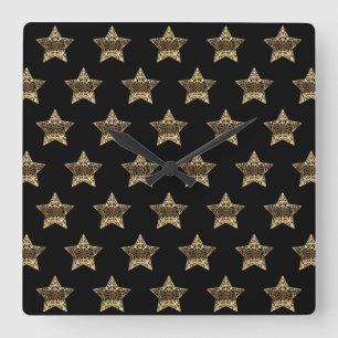 Black and Gold Look Stars Pattern Elegant Square Wall Clock