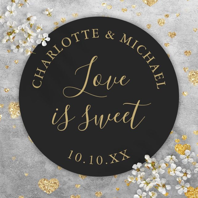 Black And Gold Love Is Sweet Wedding Favour  Classic Round Sticker (Black And Gold Love Is Sweet Wedding Favor Classic Round Sticker)