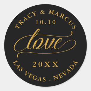 Black and Gold Love Wedding Save the Date Classic Round Sticker