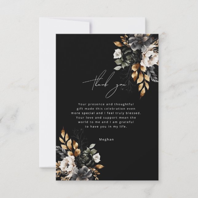 Black and Gold Luxe Floral Thank You Card (Front)