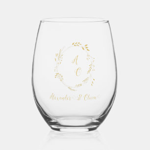Black And Gold Luxury Floral Wedding  Stemless Wine Glass