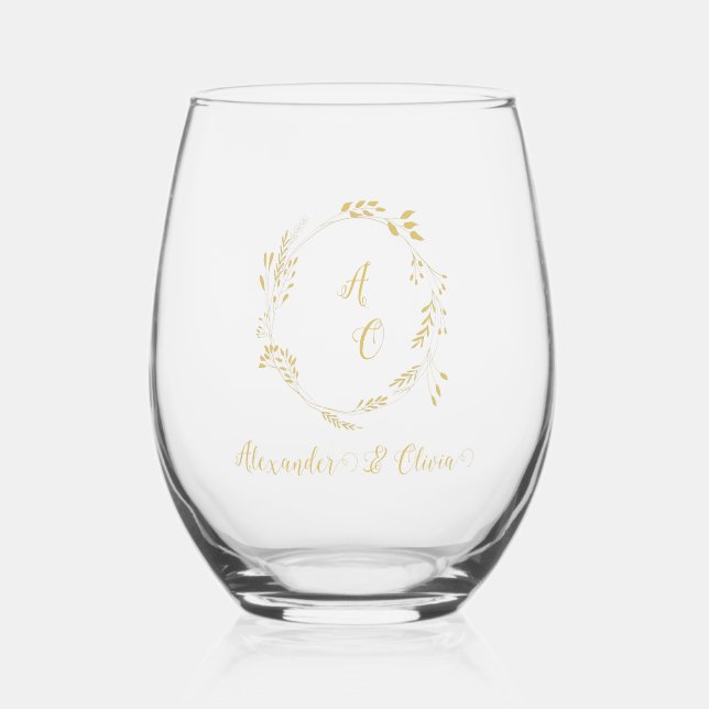 Black And Gold Luxury Floral Wedding  Stemless Wine Glass (Front)