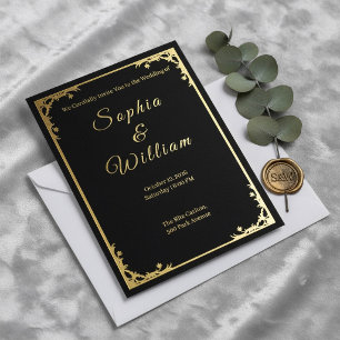 Black and Gold Luxury Wedding Invitation with Eleg