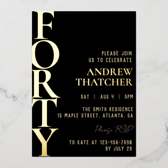 Black and Gold Male Birthday Foil Invitation (Front)