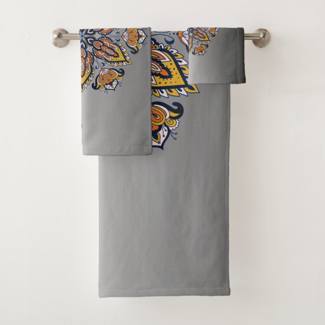 Black and Gold Mandala Floral Art Bath Towel Set (Insitu)