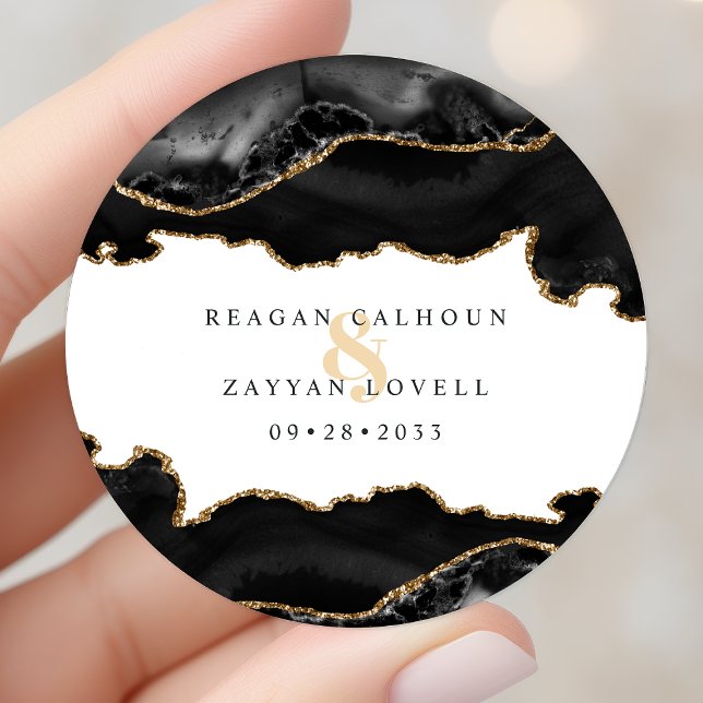 Black And Gold Marble Agate Modern Wedding Classic Round Sticker (Creator Uploaded)