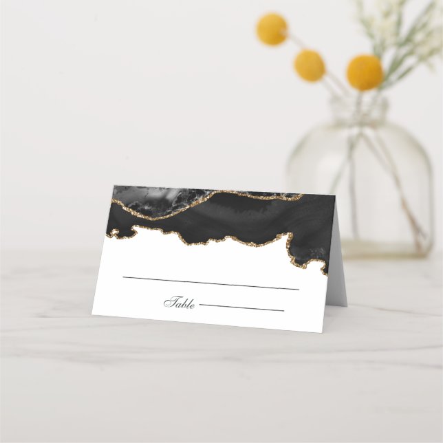 Black And Gold Marble Agate Wedding Place Card (Front)