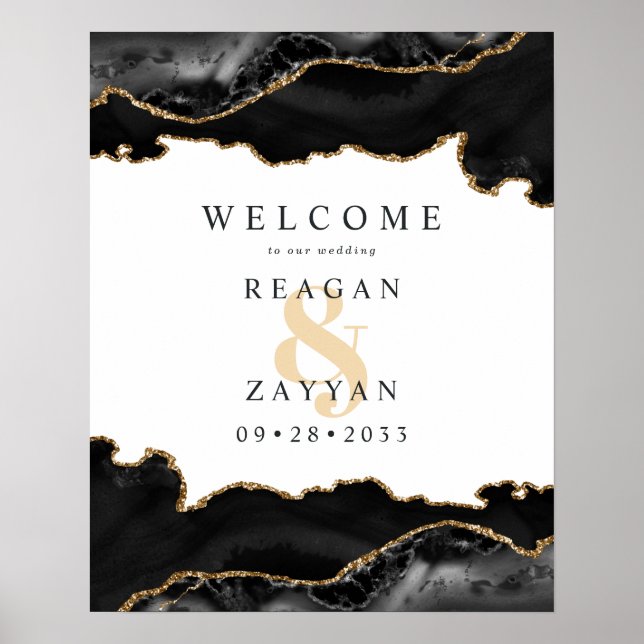 Black And Gold Marble Agate Wedding Welcome Poster (Front)