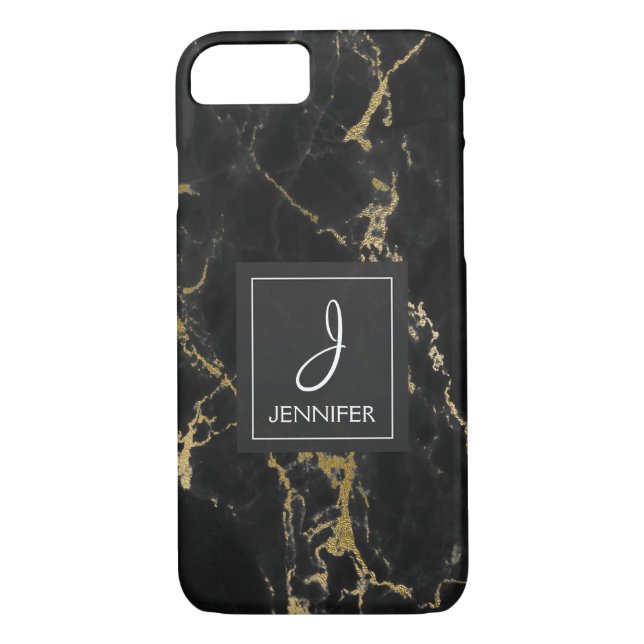 Black and Gold Marble Elegant Monogram Case-Mate iPhone Case (Back)