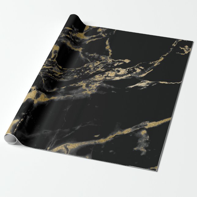Black and Gold Marble Gift Wrapping Paper (Unrolled)