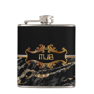 Black and Gold Marble Hip Flask