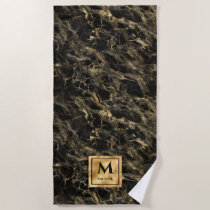 Black and Gold Marble Monogram Elegant Luxury Beach Towel
