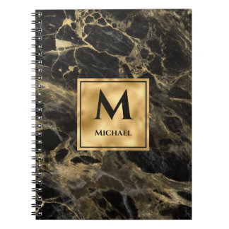 Black and Gold Marble Monogram Elegant Luxury Notebook