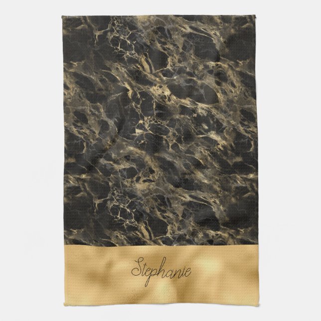 Black and Gold Marble Monogram Tea Towel (Vertical)