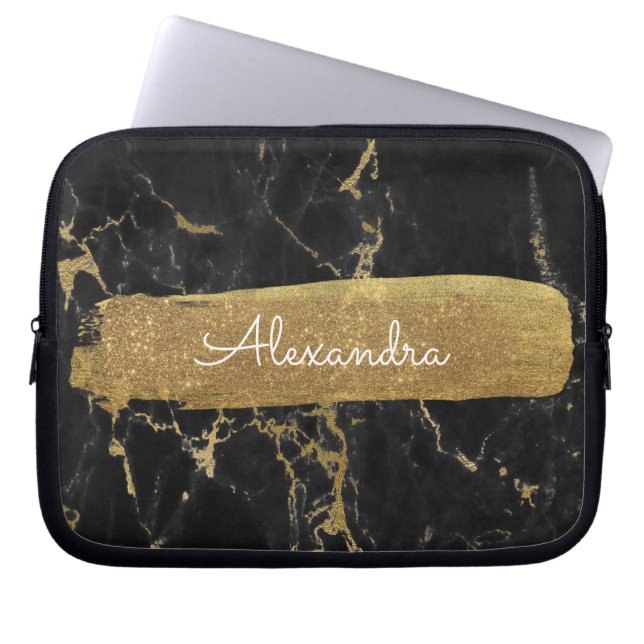 Black and Gold Marble with Gold Foil and Glitter Laptop Sleeve (Front)