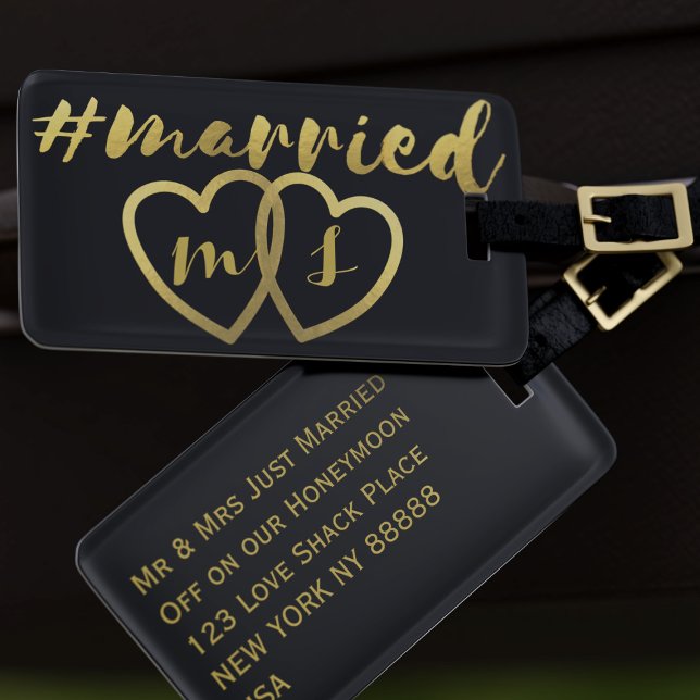 Black and Gold Married Newlywed Luggage Tag (Creator Uploaded)
