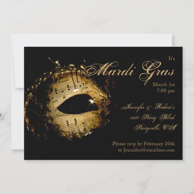 Black and Gold Mask Mardi Gras Party Invitation (Front)