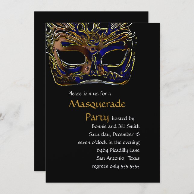 Black and Gold Masquerade Party Invitation (Front/Back)